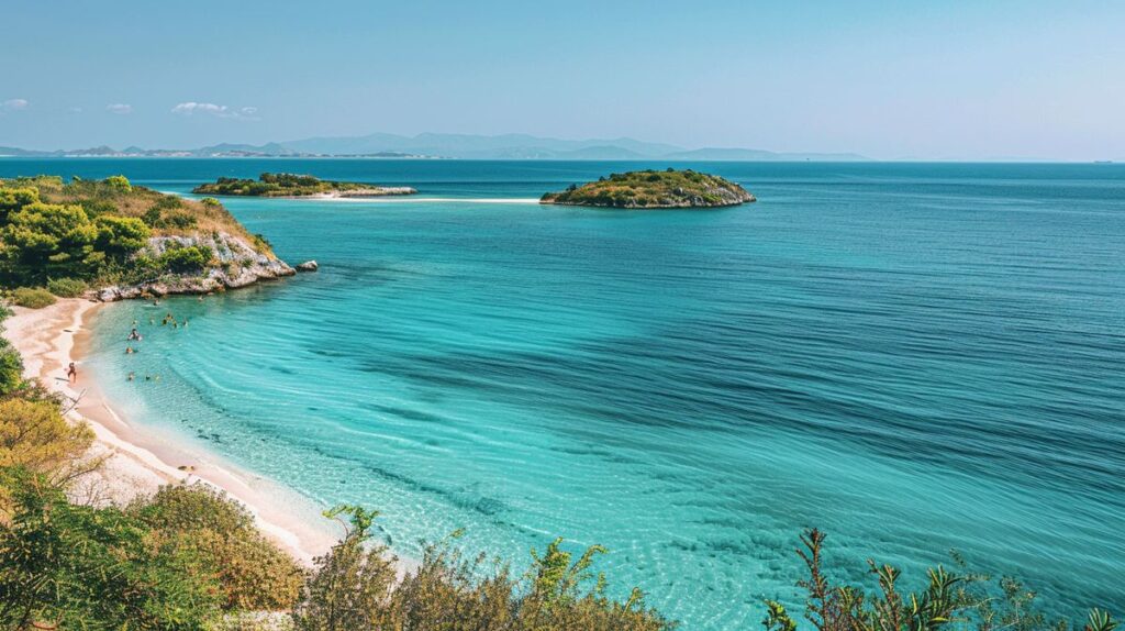 Blick auf die kristallklaren Gewässer der Ksamil Strände in Albanien mit Sonnenbadenden und Booten