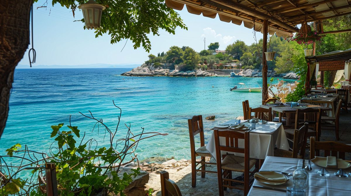 Blick auf die malerische Küstenlinie von Ksamil mit mehreren Restaurants am Strand, perfekt für kulinarische Erlebnisse