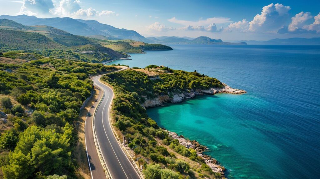 Blick auf die malerische Küstenstraße von Saranda nach Ksamil an einem sonnigen Tag