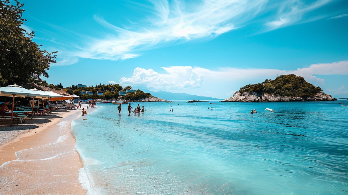 Strandblick in Ksamil Urlaub mit türkisfarbenem Meer und sonnigem Himmel