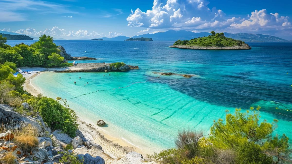 Strandblick mit Sonnenuntergang in Ksamil Albanien, perfekt für entspannende Urlaubstage