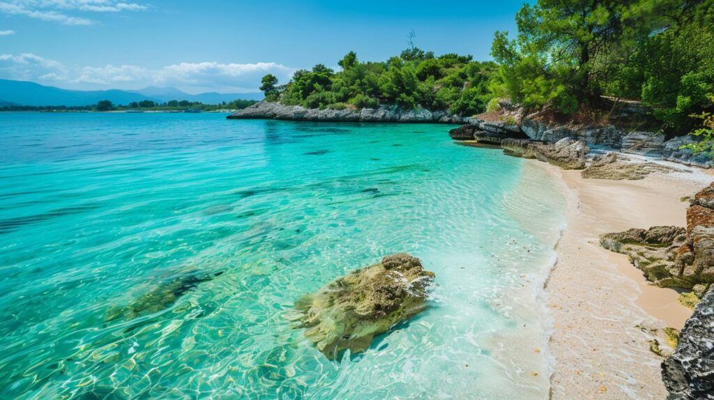 Kristallklares Wasser und weißer Sand am Paradise Beach Ksamil, umgeben von malerischen Inseln