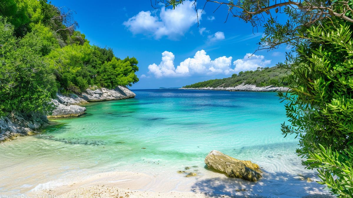 Blick auf Paradise Beach Ksamil mit kristallklarem Wasser und sonnigem Himmel