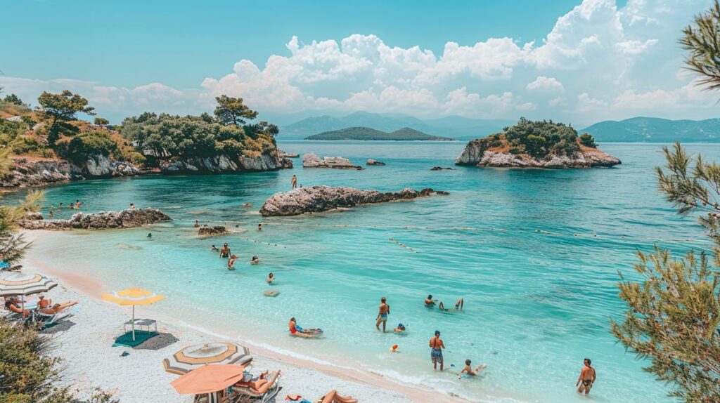 Strandblick während eines Ksamil Urlaub in Albanien mit kristallklarem Wasser und Sonnenschein