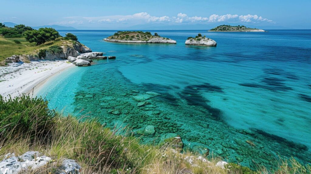 Blick auf die kristallklaren Strände und malerischen Inseln von Ksamil, eine der Top Ksamil Sehenswürdigkeiten in Albanien