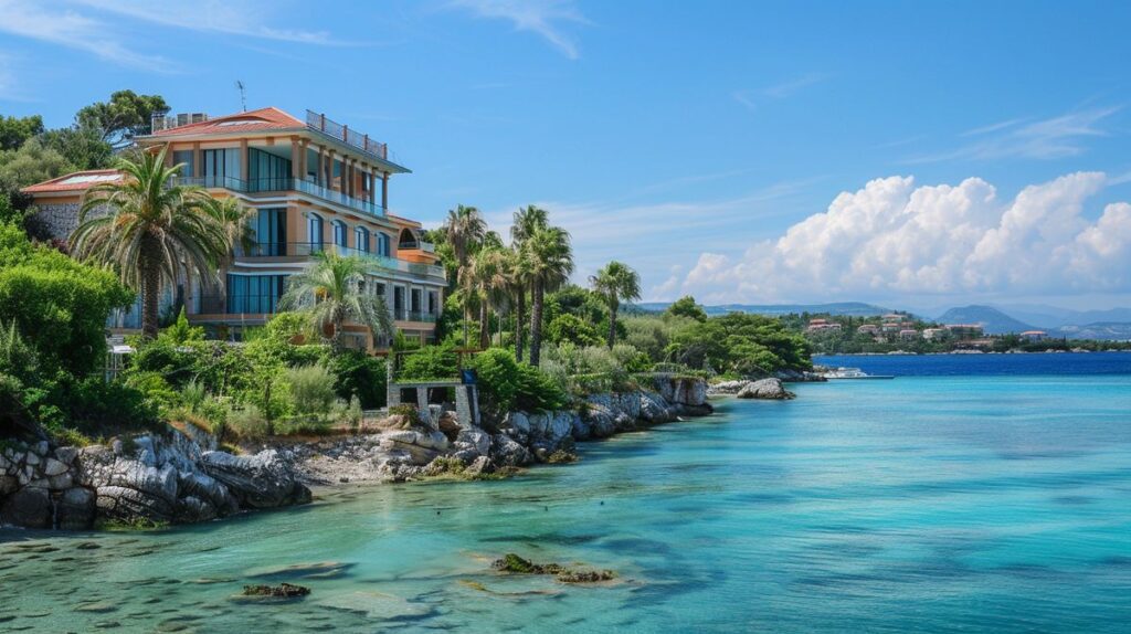 Blick auf die kristallklare Küste von Ksamil mit luxuriösen Ksamil Hotels im Hintergrund