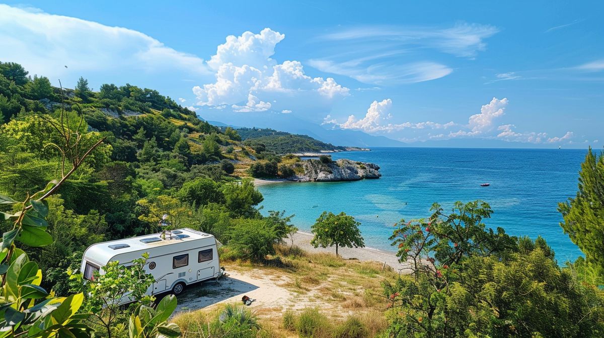 Familie genießt Urlaub beim Ksamil Caravan Camping am sonnigen Strand