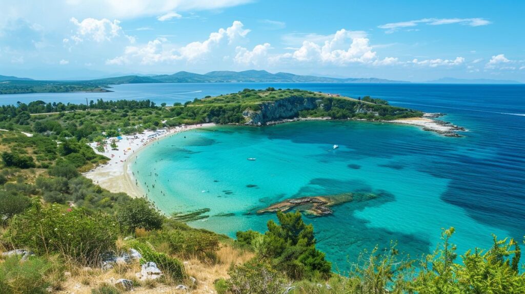 Strandblick auf Ksamil Albanien mit kristallklarem Wasser und Sandstrand