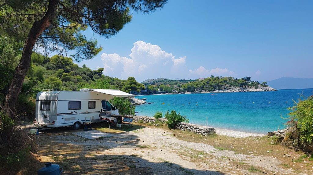 Wohnwagen und Zelte im Ksamil Caravan Camping an einem sonnigen Tag mit Blick auf das Meer