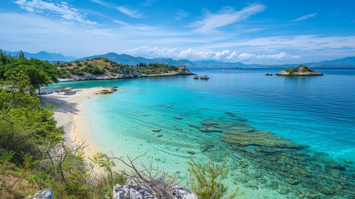 Blick auf die idyllische Küstenlandschaft von Ksamil, eine der Top Ksamil Sehenswürdigkeiten, mit kristallklarem Wasser und sonnigen Stränden