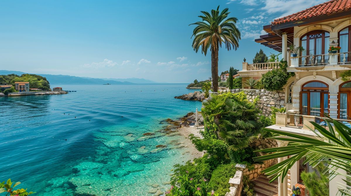 Blick auf die kristallklaren Strände von Ksamil mit Ksamil Hotels im Hintergrund