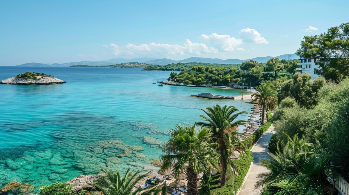 Blick auf ein luxuriöses Ksamil Albanien Hotel all inclusive am Strand mit Sonnenuntergang