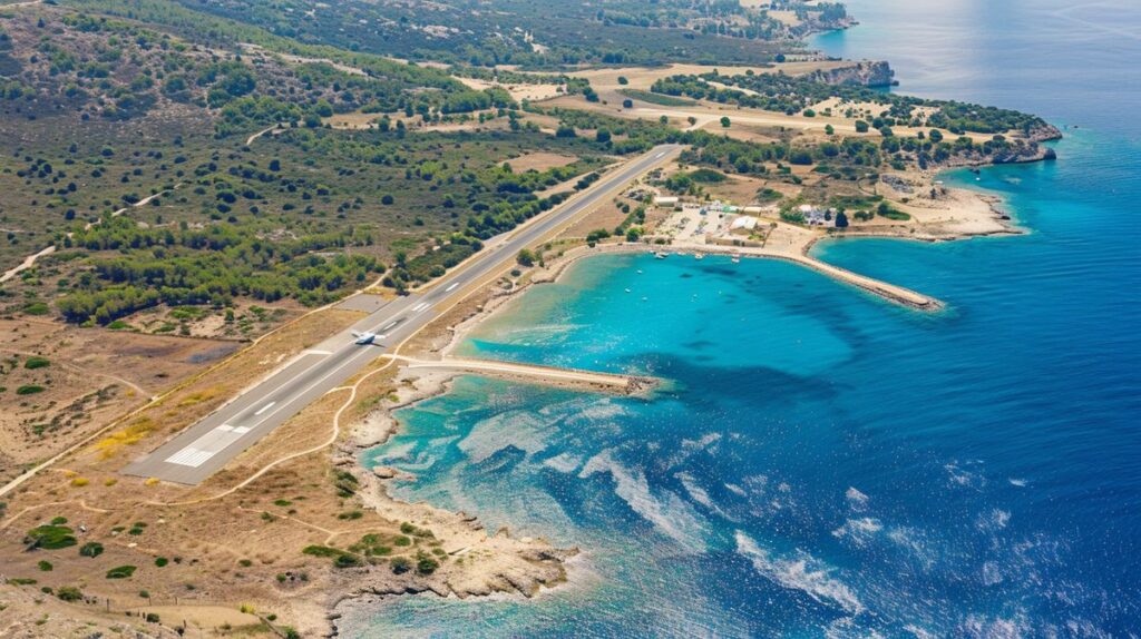 Blick auf den kristallklaren Strand in der Nähe von Ksamil Flughafen, umgeben von malerischen grünen Landschaften