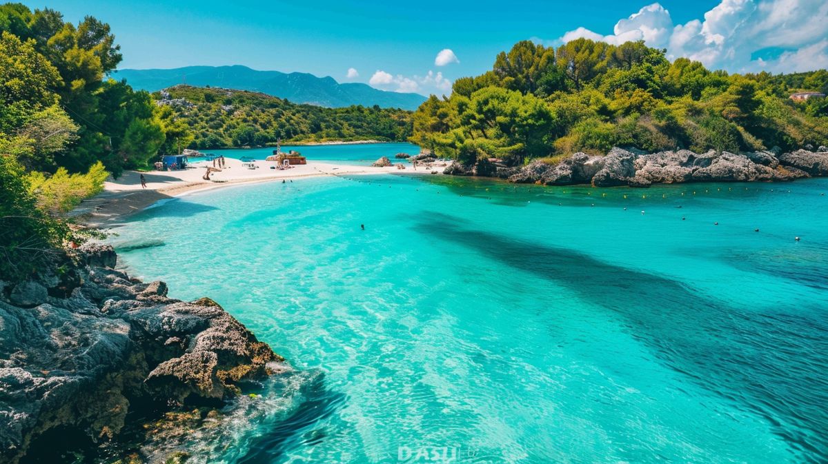 Strandblick in Saranda oder Ksamil mit kristallklarem Wasser und sonnigem Himmel