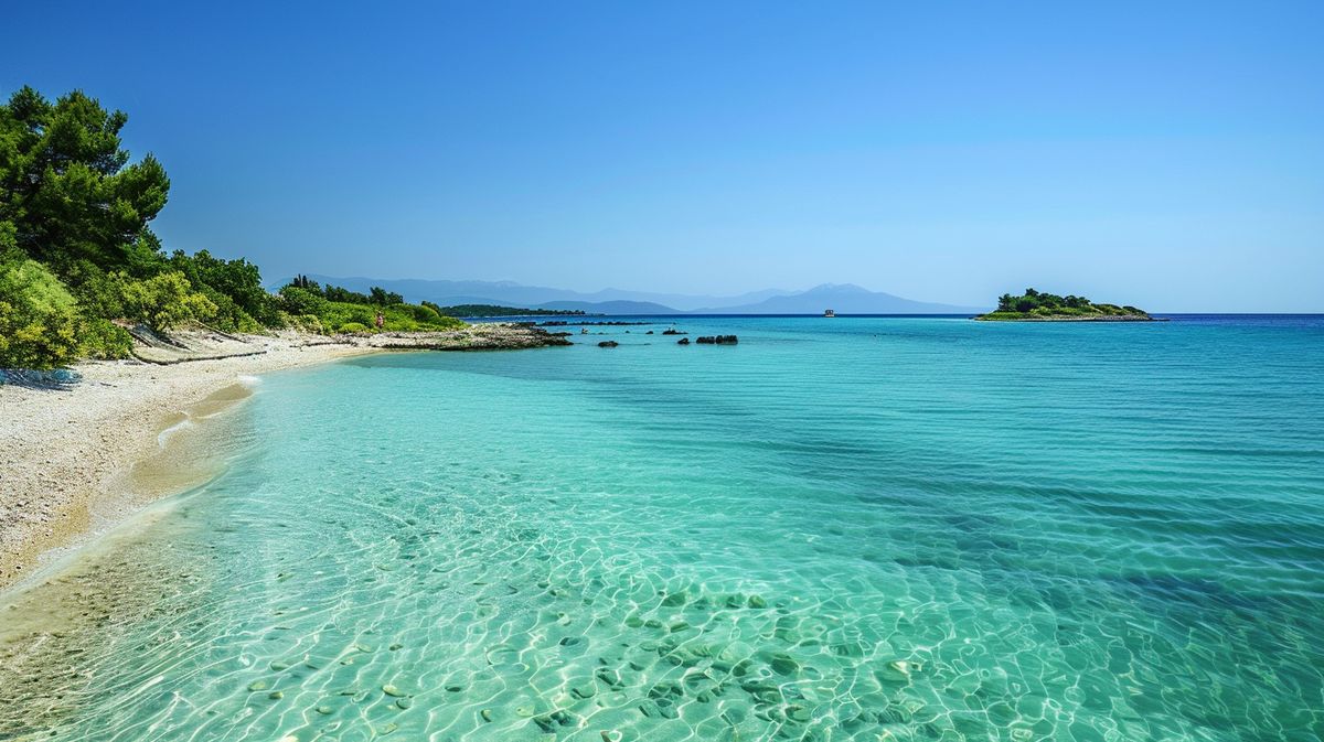 Idyllischer Blick auf die Ksamil Strände mit kristallklarem Wasser und sonnigen Küstenlinien in Albanien