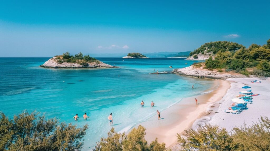 Strand in Ksamil mit klarem Wasser und Sonnenuntergang, perfekt für unvergessliche Ksamil Urlaub Erfahrungen