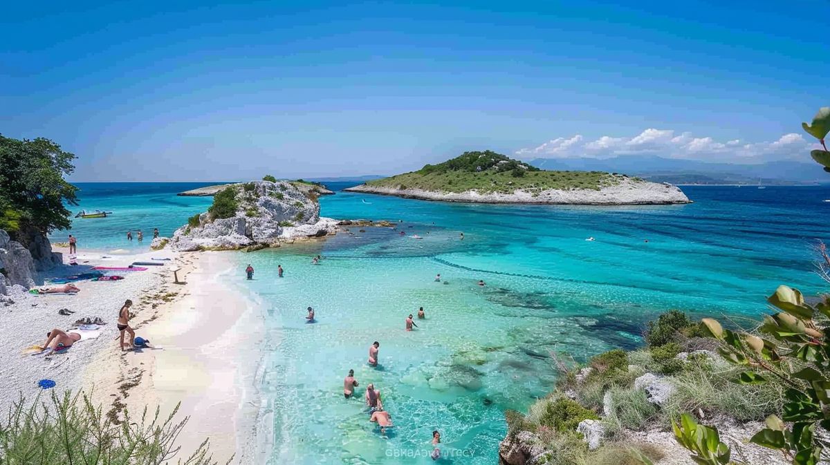 Strand in Ksamil mit klarem Wasser und Sonnenuntergang, perfekt für Ksamil Urlaub Erfahrungen