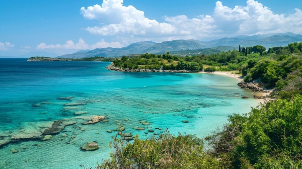 Blick auf die malerische Küstenlinie von Saranda oder Ksamil mit kristallklarem Wasser und sonnigen Stränden