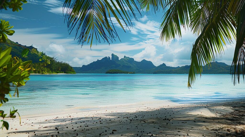 Idyllischer Blick auf den Bora Bora Beach Ksamil mit kristallklarem Wasser und weißem Sandstrand