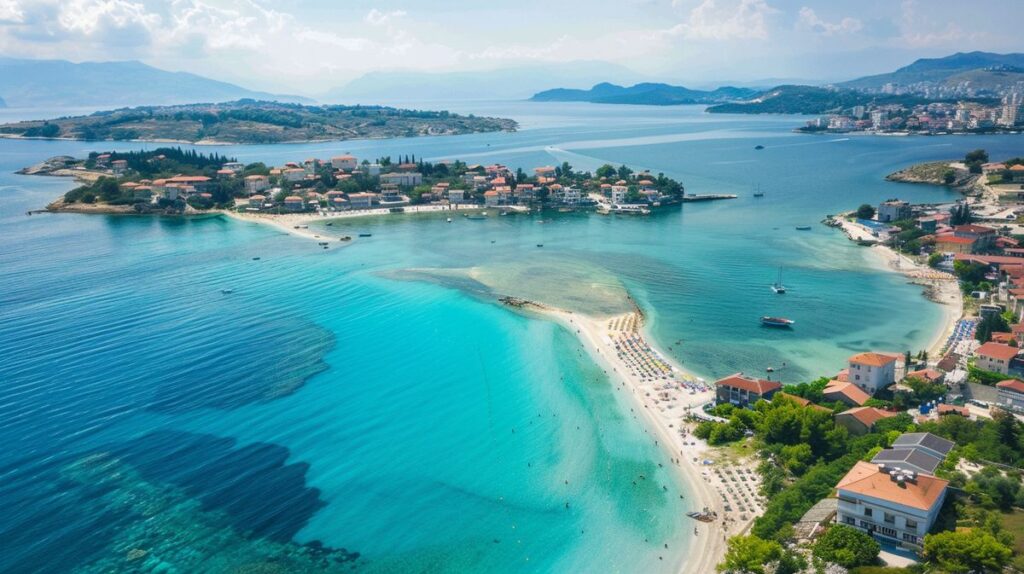 Panoramablick auf die malerischen Ksamil Städte und Strände an einem sonnigen Tag