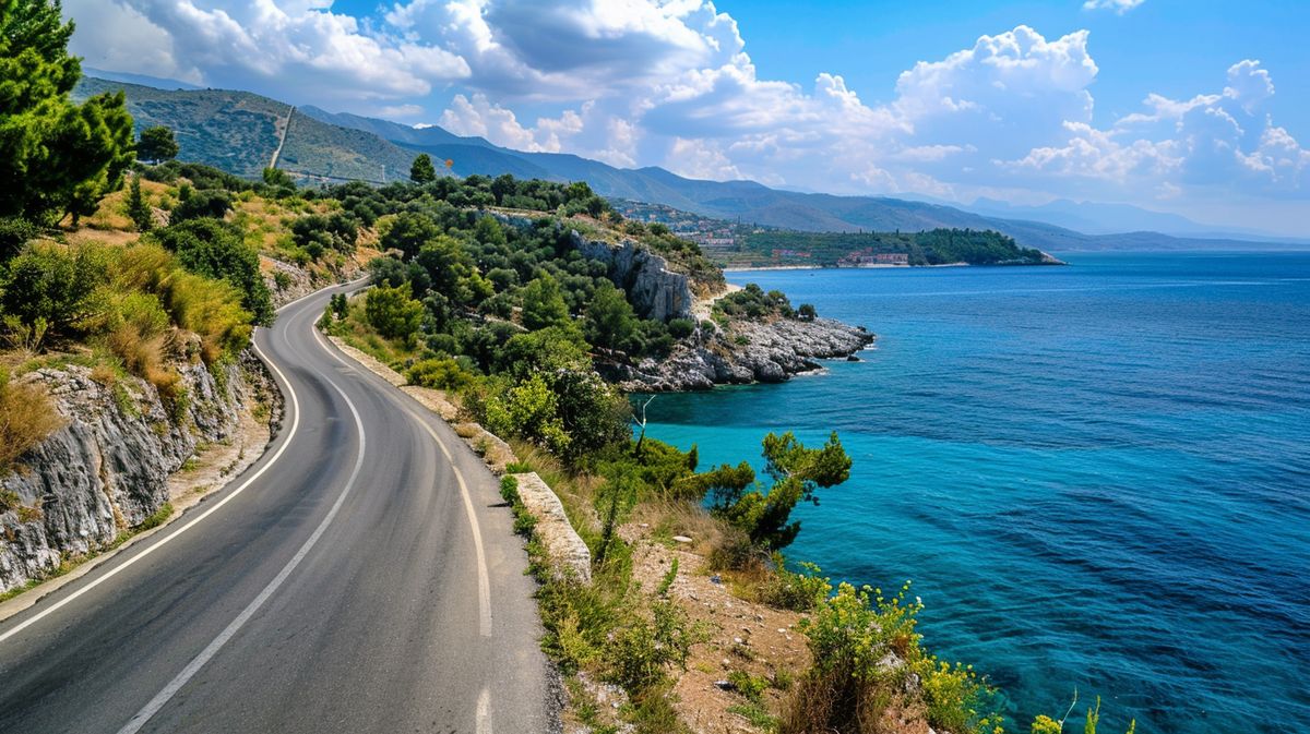 Blick auf die Küstenstraße von Saranda nach Ksamil an einem sonnigen Tag