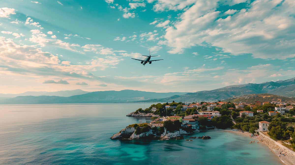 Flüge nach Ksamil Werbeplakat mit atemberaubender Aussicht auf die Küste und klarem blauen Wasser