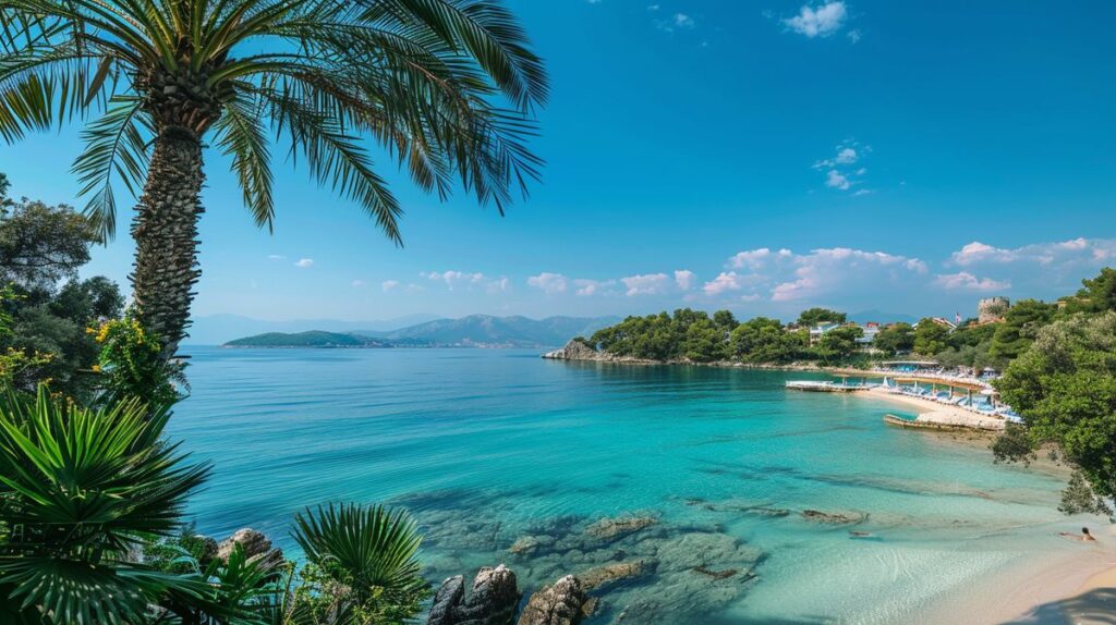 Familien genießen den Strandurlaub im Ksamil Albanien Hotel all inclusive mit Blick auf kristallklares Wasser