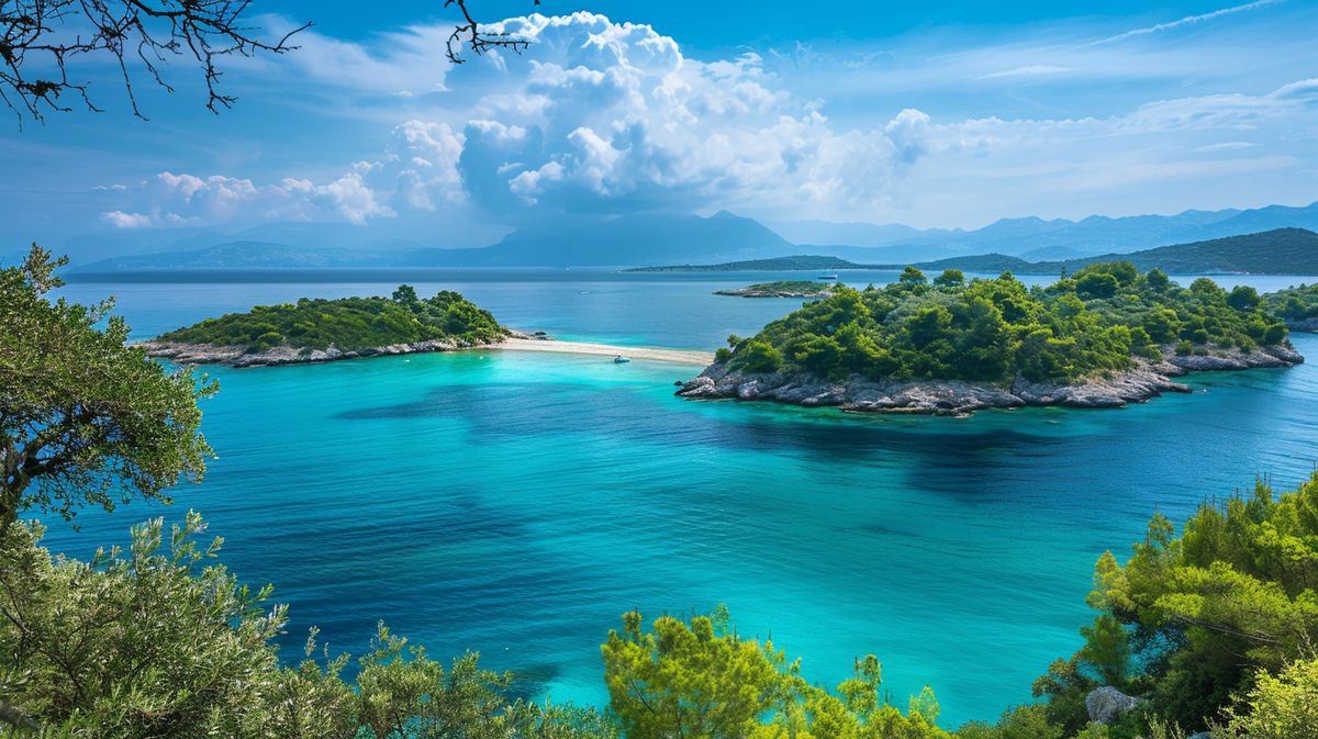 Blick auf die malerischen Ksamil Inseln mit kristallklarem Wasser und sonnigem Himmel in Albanien