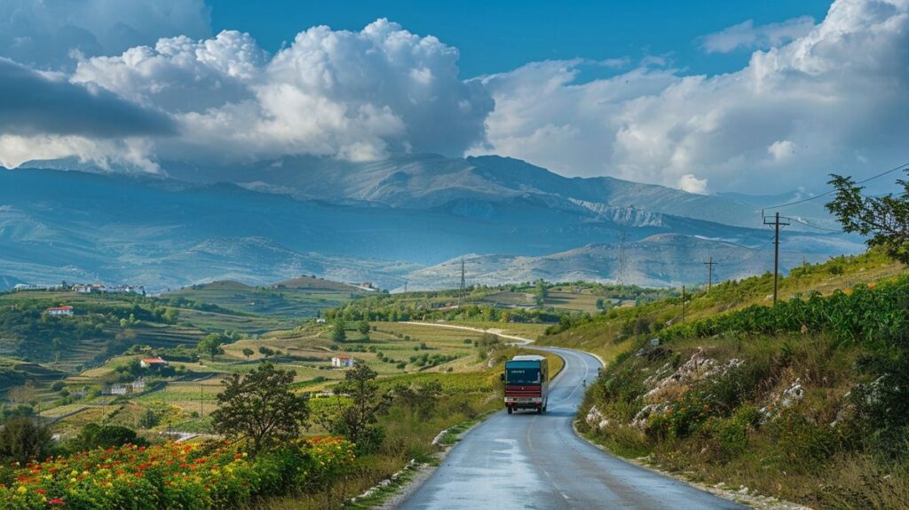 Bus von Tirana nach Ksamil fährt auf einer malerischen Straße durch Albanien