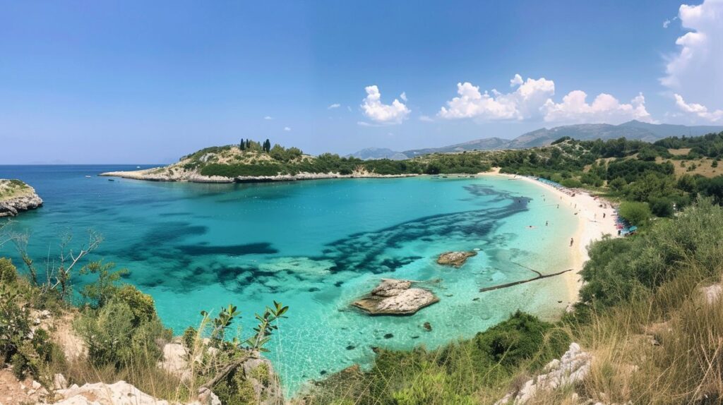 Kristallklares Wasser und feiner Sand an einem der besten Strände Ksamil, perfekt für Sommerurlaub