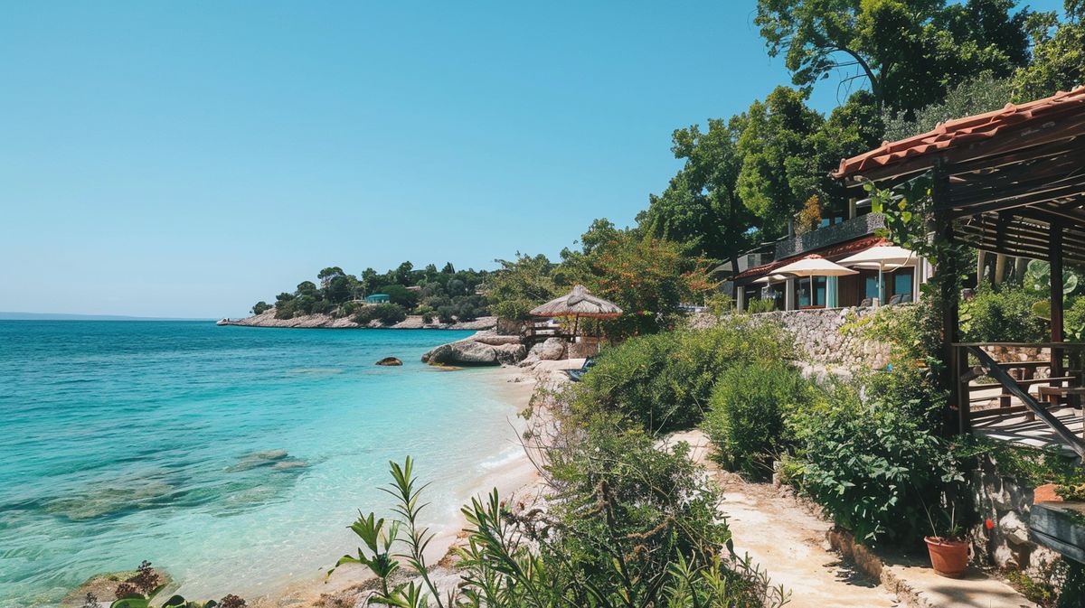 Blick auf das kristallklare Meer und den Strand von einem Ksamil Hotel am Strand, umgeben von üppigem Grün