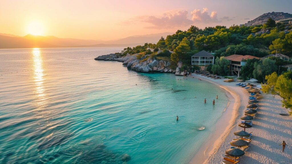 Blick auf den wunderschönen Lori Beach Ksamil mit kristallklarem Wasser und sonnigem Himmel