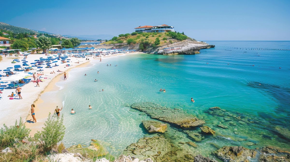 Bild von Ksamil Strand in der besten Jahreszeit für Ksamil Urlaub mit klarem blauem Wasser und sonnigem Himmel