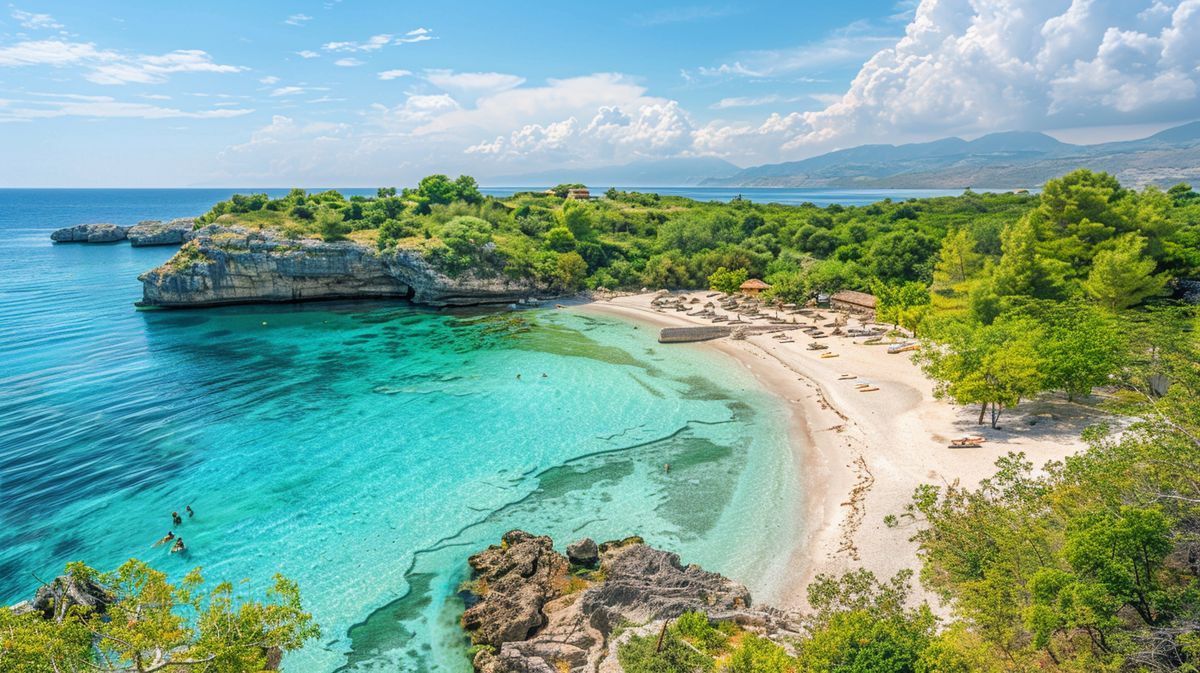 Blick auf die besten Strände Ksamil mit kristallklarem Wasser und sonnigem Himmel