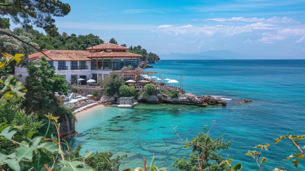 Blick auf das kristallklare Meer und den weißen Sandstrand von einem Ksamil Hotel am Strand, perfekt für einen entspannenden Urlaub