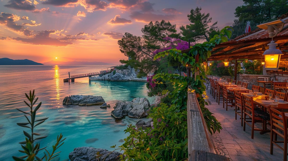 Blick auf eines der besten Restaurants Ksamil mit Meerblick und Gästen beim Abendessen