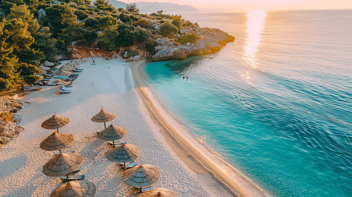 Blick auf Lori Beach Ksamil mit kristallklarem Wasser und sonnigem Himmel