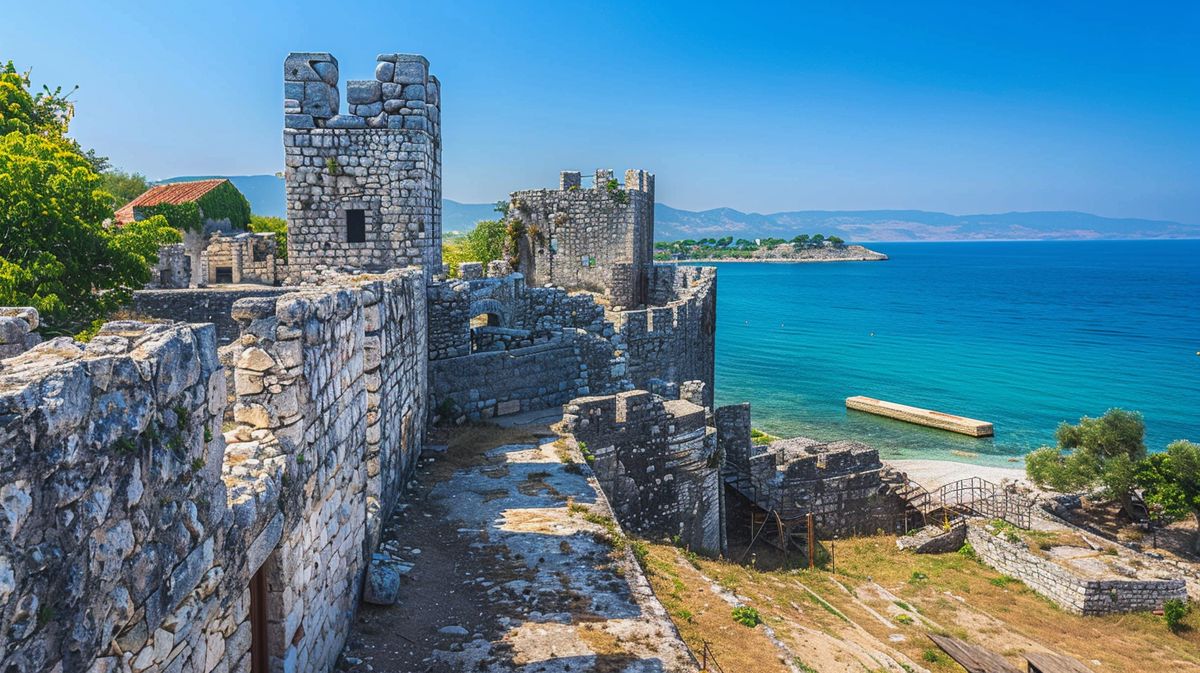 Blick auf Ali Pasha's Castle Ksamil bei Sonnenuntergang, umgeben von ruhigem Wasser und grüner Landschaft