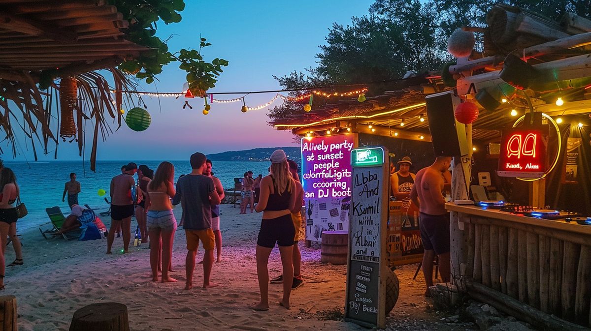 Lebhafte Ksamil Party am Strand mit tanzenden Menschen bei Sonnenuntergang