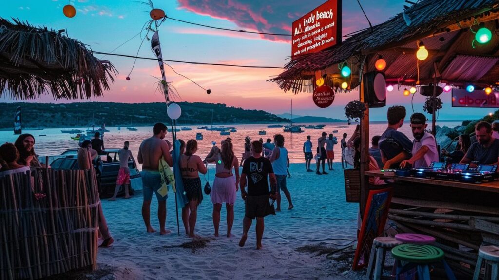 Lebhafte Ksamil Party am Strand mit tanzenden Menschen und bunten Lichtern