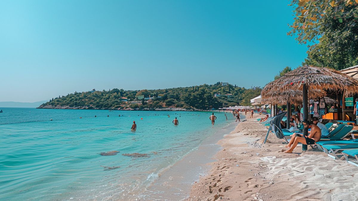 Sonniger Strand in Ksamil mit klarem blauem Wasser, ideal für Ksamil Wetter September