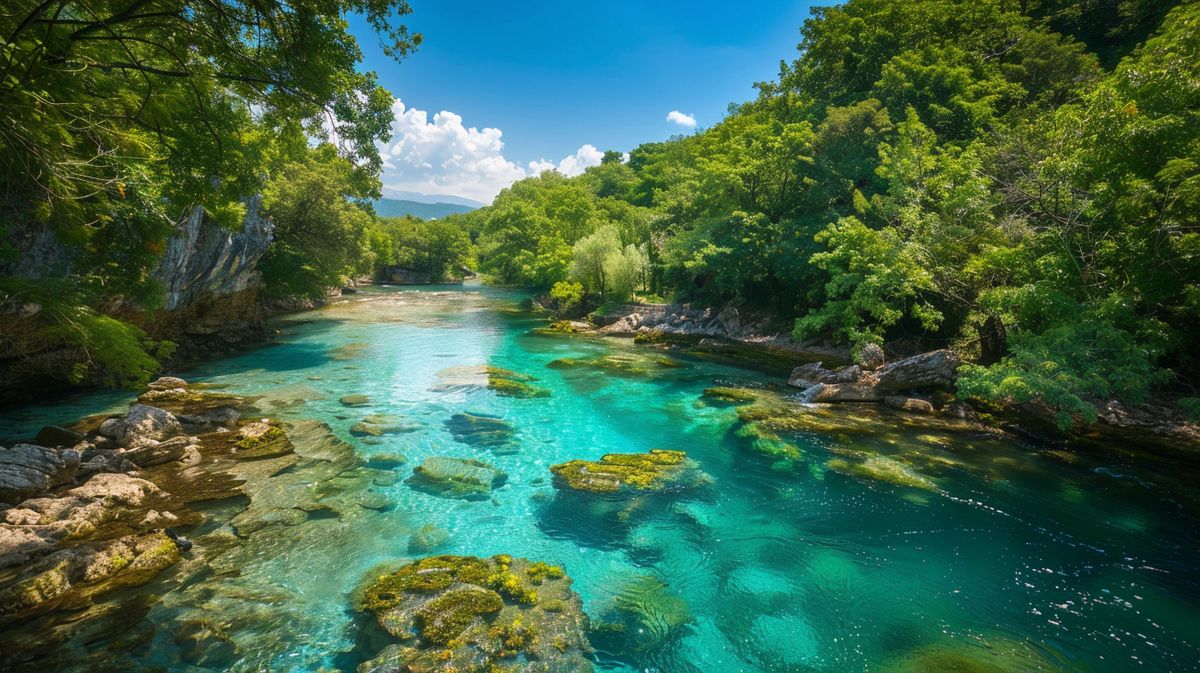 Blick auf die idyllische Küste von Ksamil Syri Kalter mit kristallklarem Wasser und sonnigem Himmel