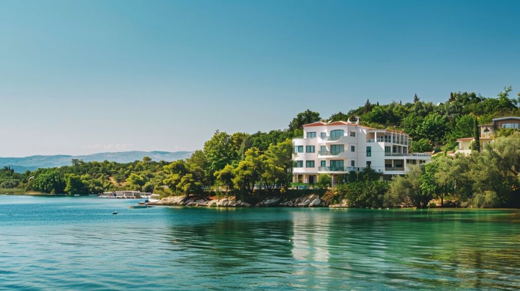 Blick auf das Hotel Adriatik Ksamil mit malerischem Strand und klarem blauem Wasser im Vordergrund