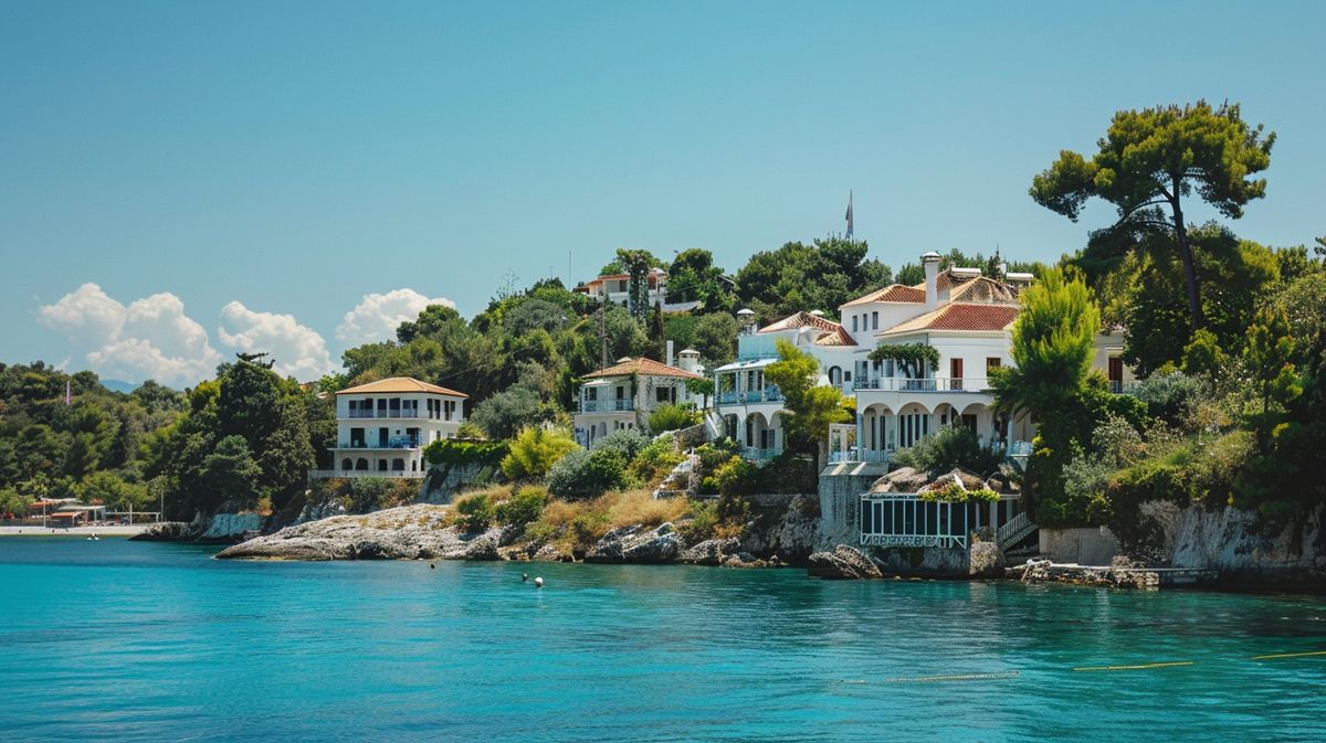 Blick auf das Hotel Adriatik Ksamil mit kristallklarem Wasser und Sandstrand in der Sonne