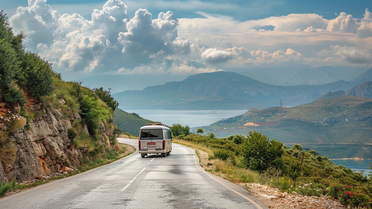 Bus von Tirana nach Ksamil fährt auf einer malerischen Straße durch Albanien