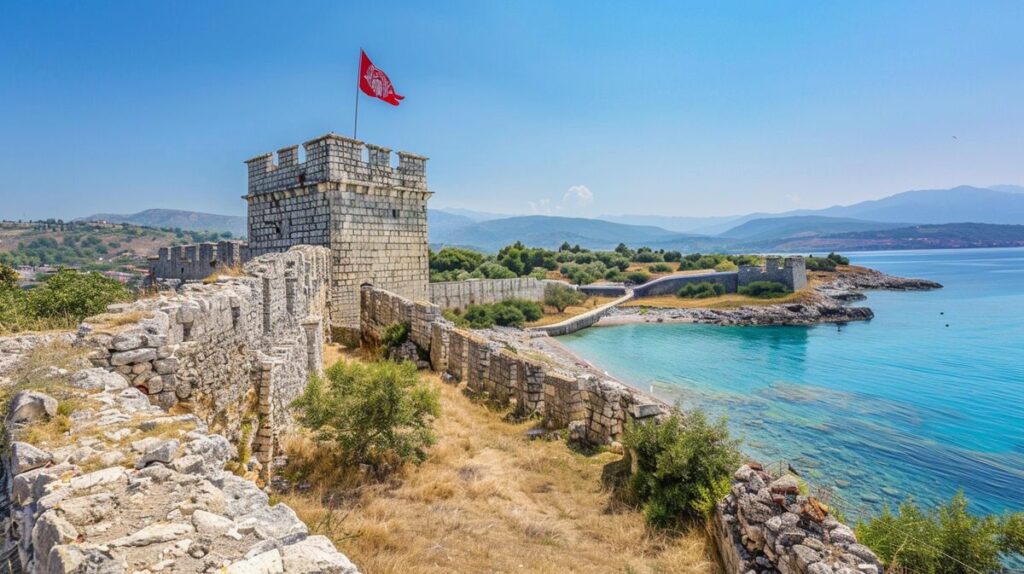 Blick auf Ali Pasha's Castle Ksamil bei Sonnenuntergang, umgeben von klarem Wasser und felsiger Küstenlandschaft